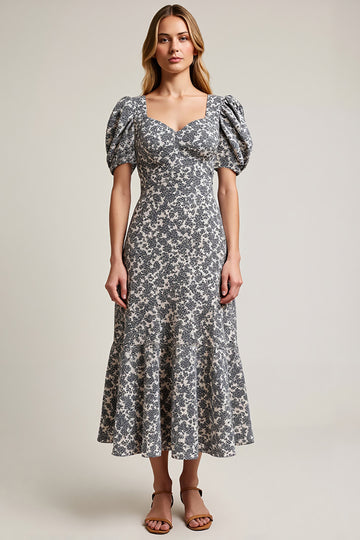 White Black Flower Puff Sleeve A Line Wedding Guest Dress